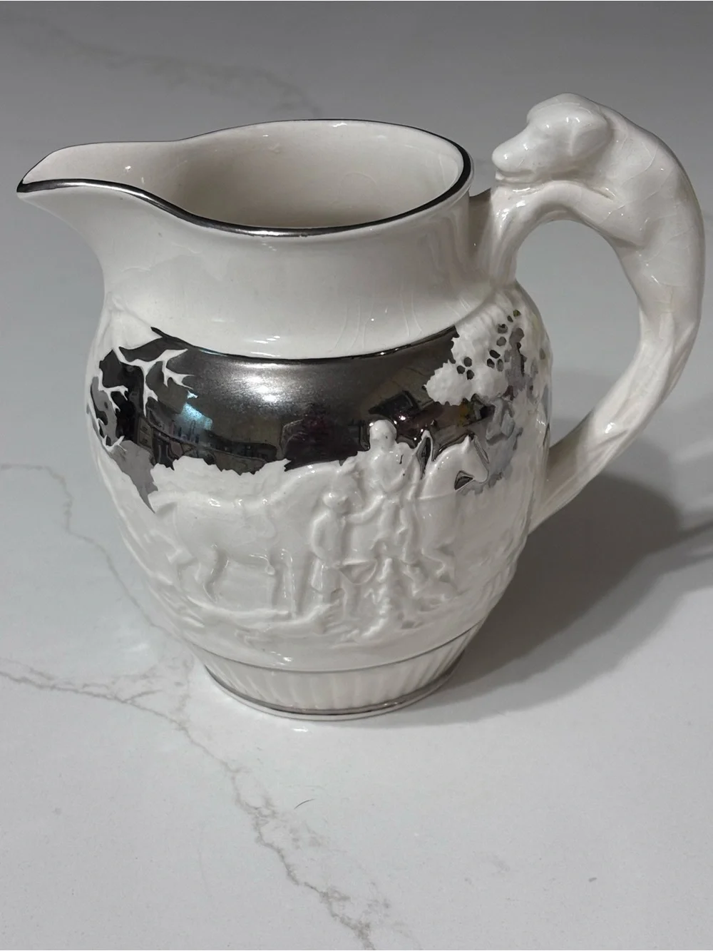Vintage Wedgwood Eturia Barlaston Creamer Pitcher Ivory Silver Horse Hound Hunt